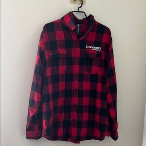 Burnside Red and Black Plaid Shirt with Steamworks brewing co.
